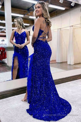 Mermaid V Neck Sequins Long Prom Dress with Slit