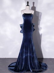 Mermaid Velvet Blue Long Prom Dresses, Blue Velvet Long Evening Dress