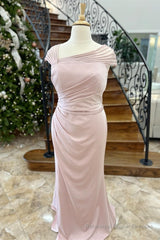 Pink Asymmetrical Mermaid Satin Long Mother of Bride Dress