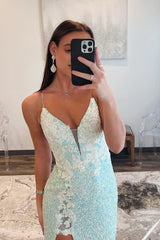 Mint Green Spaghetti Straps Sequins Mermaid Long Prom Dresses With Split