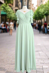 Mint Green V Neck Flutter Sleeve Backless Plus Size Bridesmaid Dresses