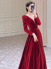 Modest A Line Long Sleeves Red Satin Evening Dress Prom Dresses