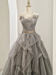 Modest Ball Gown Sweetheart Tulle Floor Length Evening Dress Gray Prom Dresses