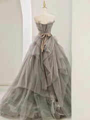 Modest Ball Gown Sweetheart Tulle Floor Length Evening Dress Gray Prom Dresses