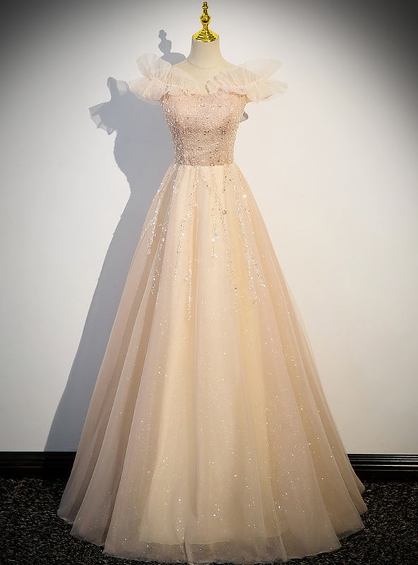 Modest Champagne Tulle Sequins Off the Shoulder Prom Dress