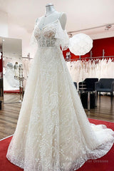 Modest Long A-line Sweetheart Tulle Lace Appliques Wedding Dress with Sleeves