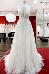 Modest Long A-line V-neck Tulle Ruffles Backless Wedding Dresses With Lace