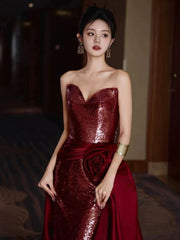 Modest Mermaid Sweetheart Burgundy Floor Length Evening Dress Sequin Prom Dresses