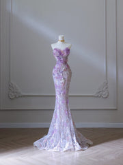 Modest Mermaid Sweetheart Lilac Tulle Sequin Flowers Evening Dress Long Prom Dresses