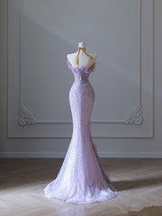 Modest Mermaid Sweetheart Lilac Tulle Sequin Flowers Evening Dress Prom Dresses