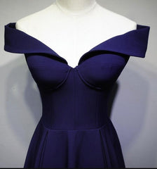 Navy Blue A-line Spandex Long Prom Dress, Off Shoulder Bridesmaid Dress