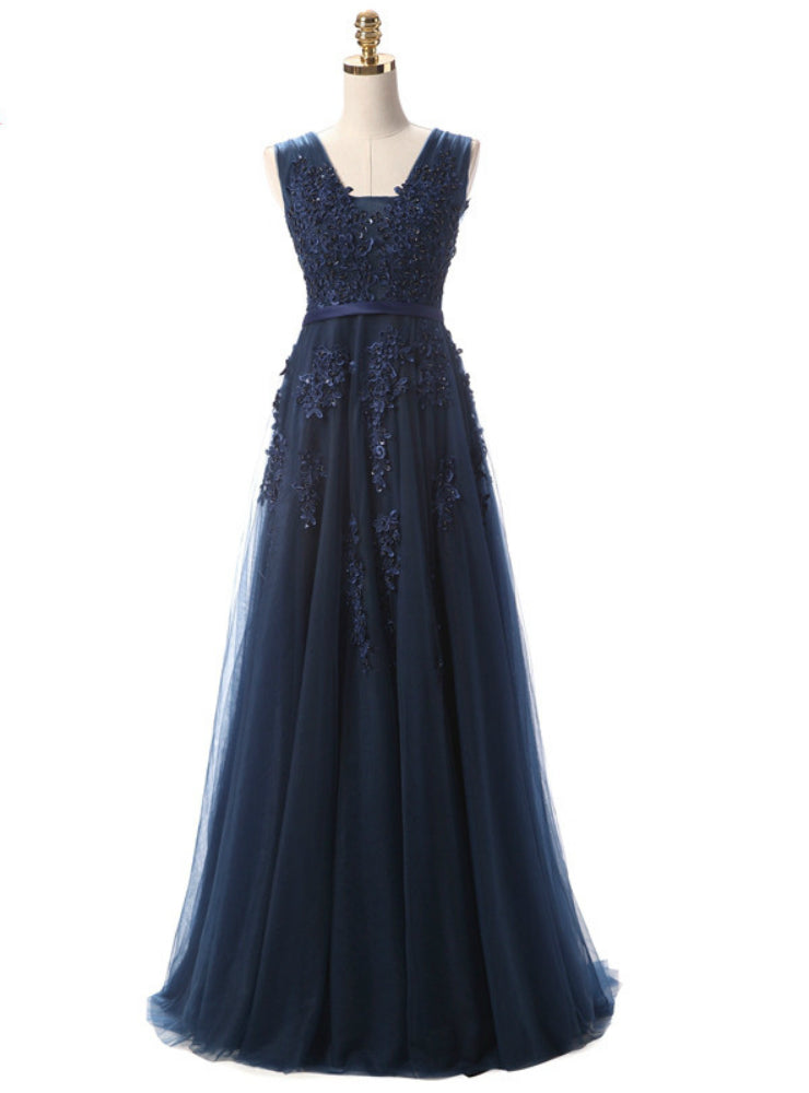 Navy Blue A-line V-neck Appliques Prom Dress