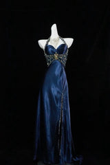 Navy Blue Halter Beaded Prom Dress Long Evening Dress