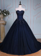 Navy Blue Lace Applique Tulle Long Party Dress, Blue Formal Gown