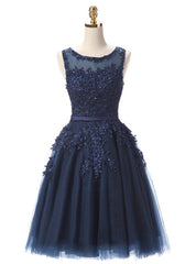 Navy Blue Lace Short Beaded Homecoming Dress