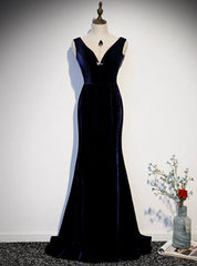 Navy Blue Mermaid Velvet See Through V-neck Prom Dress