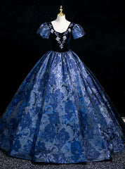 Navy Blue Puff Sleeve Beading Quinceanera Dress