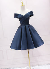 Navy Blue Satin Off Shoulder Bridesmaid Dress Party Dress, Short Prom Dress