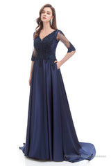 Navy Blue Satin V-neck Short Sleeve Beading Prom Dresses