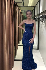 Navy Blue Sequin Long Prom Dresses Mermaid Cross Back Evening Party Dresses