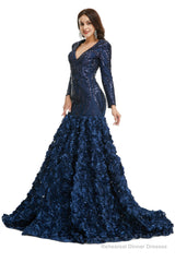 Sequins Mermaid Long V Neck Prom Dresses Full Sleeve