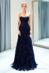 Navy Blue Sheath Sweetheart Strapless Draped Tulle Pleats Prom Dresses