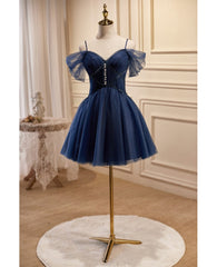 Navy Blue Short Tulle Homecoming Prom Dress with Beadings