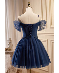 Navy Blue Short Tulle Homecoming Prom Dress with Beadings