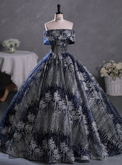 Navy Blue Silver Sequins Off the Shoulder Quinceanera Dress