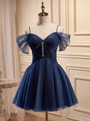 Navy Blue Spaghetti Straps Tulle Pleats Homecoming Dress