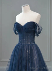 Navy Blue Sweetheart Off Shoulder Tulle Prom Dress, A-line Tulle Formal Dress