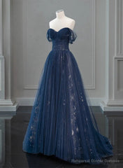 Navy Blue Sweetheart Off Shoulder Tulle Prom Dress, A-line Tulle Formal Dress