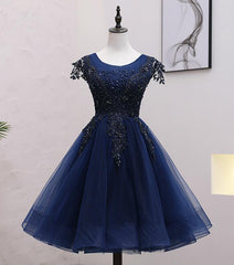 Navy Blue Tulle Beaded Knee Length Cap Sleeves Prom Dress, Blue Homecoming Dress