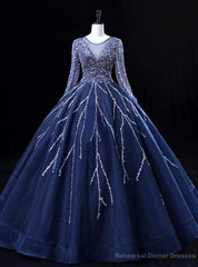 Navy Blue Tulle Beading Long Sleeve Quinceanera Dress