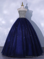 Navy Blue Tulle Beading Sequins Quinceanera Dress