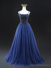 Navy Blue Tulle Beading Spaghetti Straps Prom Dress