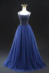 Navy Blue Tulle Beads Long A-Line Prom Dress, Elegant Spaghetti Strap Backless Evening Dress