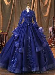 Navy Blue Tulle Long Sleeve Appliques Beading Quinceanera Dress