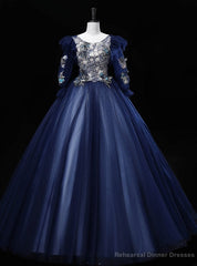 Navy Blue Tulle Long Sleeve Embroidery Sequins Quinceanera Dress