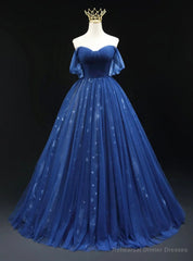 Navy Blue Tulle Off the Shoulder Pleats Prom Dress