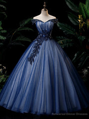 Navy Blue Tulle Off The Shoulder Sequins Beading Quinceanera Dress