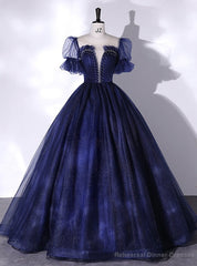 Navy Blue Tulle Puff Sleeve Pleats Beading Quinceanera Dress