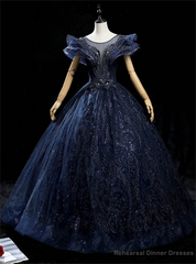 Navy Blue Tulle Sequins Appliques Quinceanera Dress