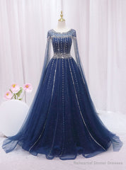 Navy Blue Tulle Sequins Beading Cap Sleeve Prom Dress