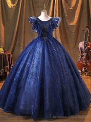 Navy Blue Tulle Sequins Beading Quinceanera Dress