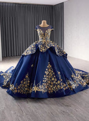 Navy Blue Tulle Sequins Cap Sleeve Prom Dress