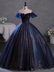 Navy Blue Tulle Sequins Off the Shoulder Quinceanera Dress