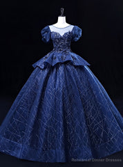 Navy Blue Tulle Sequins Puff Sleeve Appliques Quinceanera Dress