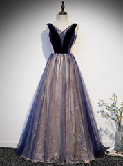 Navy Blue Tulle Sequins Velvet V-neck Prom Dress