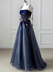 Navy Blue Tulle Spaghetti Straps Prom Dress